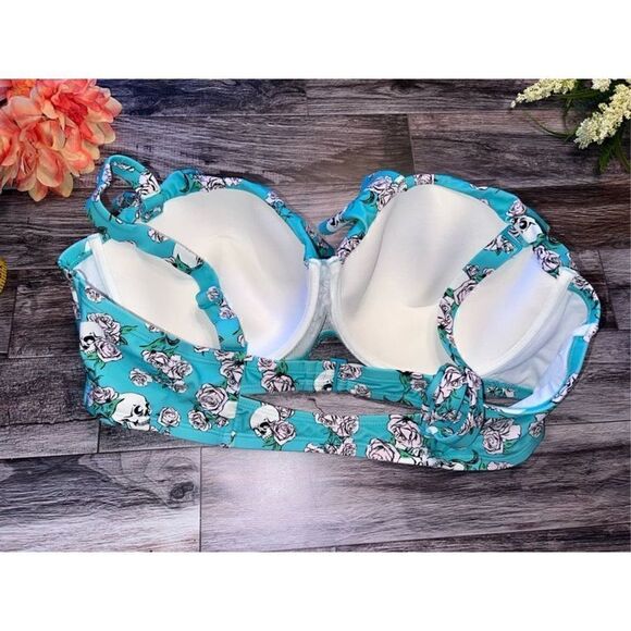 Turquoise Skull Rose Ruffle Bandeau Swim Top Plus Size 3 - Picture 5 of 8